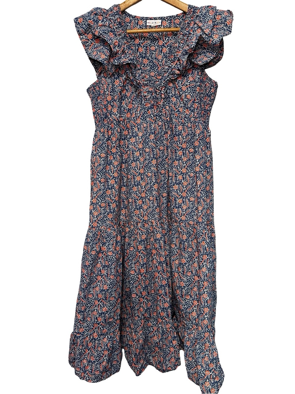 Roller Rabbit Floral Print Ruffle Midi Dress Large Navy Blue Orange Boho Prairie